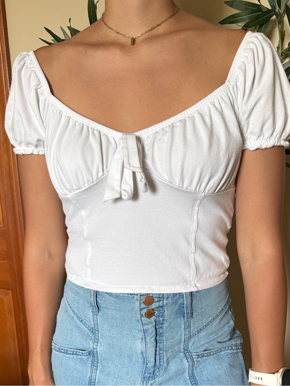 Garage White Puff Sleeve Tie-Front Crop Top